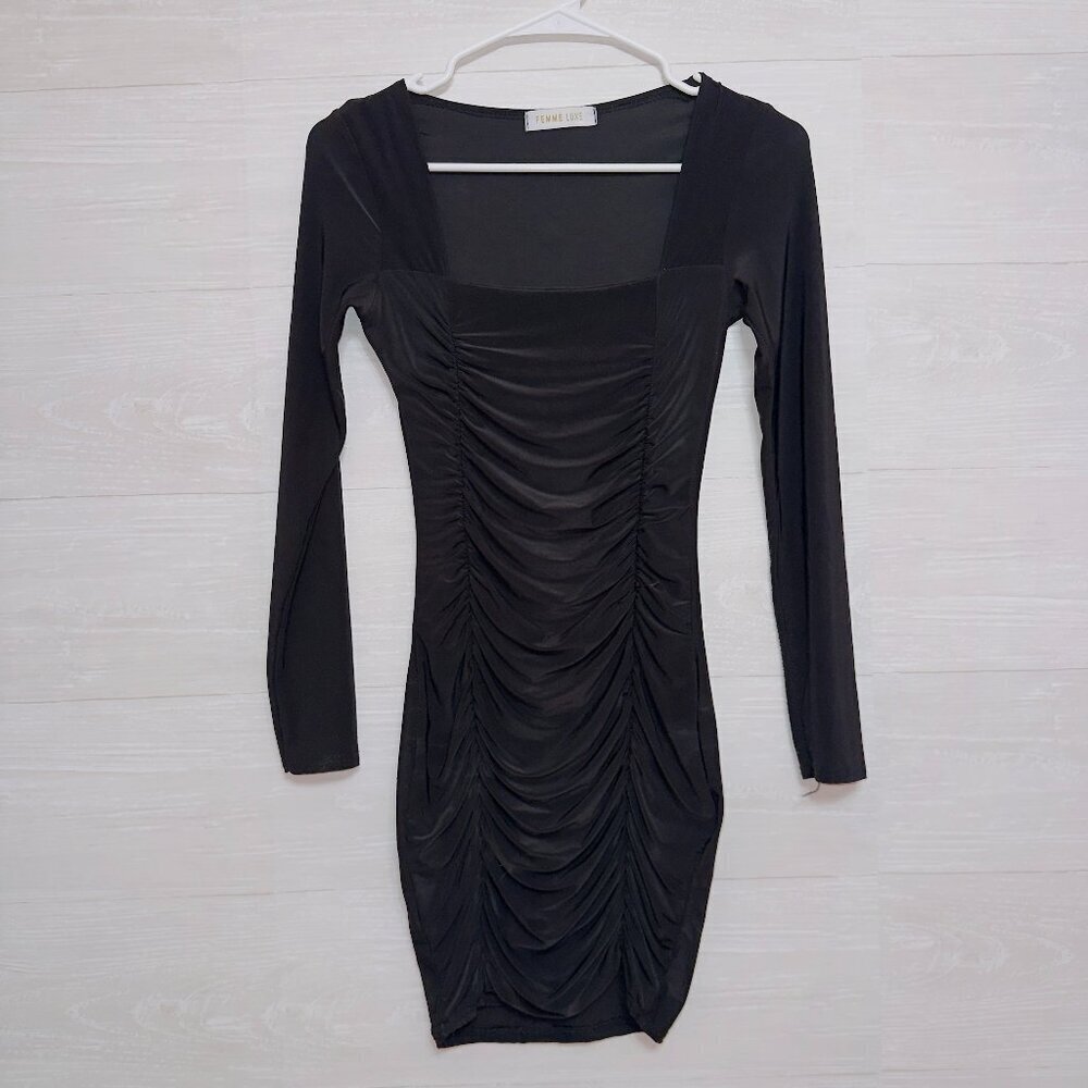 Femme Luxe Women's Black Long Sleeve Square Neck Ruched Front Mini Bodycon Dress